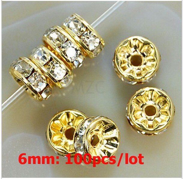 6mm 100 sztuk Metal srebrny Plated kryształ Rhinestone Rondelle koraliki dystansowe luzem koraliki dla DIY akcesoria do wyrobu biżuterii Supplie: Gold