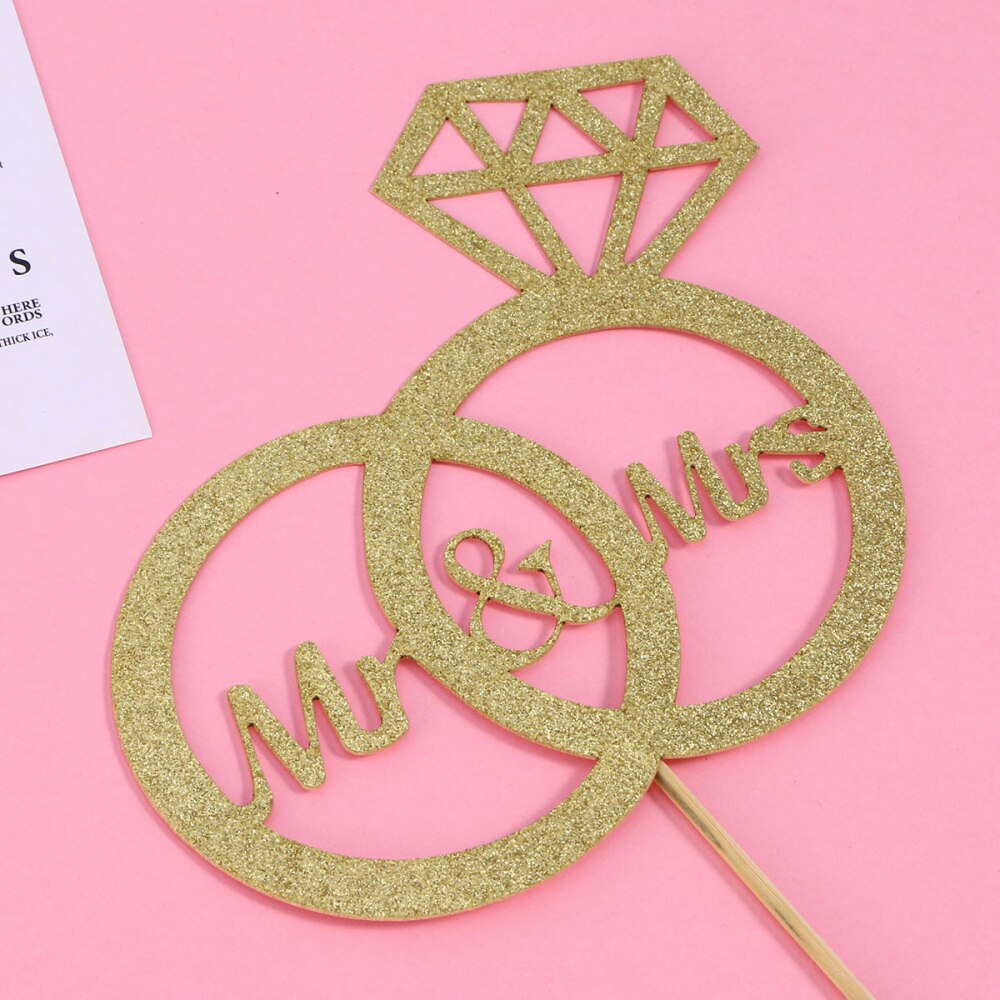 1 Pc Cake Topper Diamond Ring Mr & Mrs Papier Glinsterende Gouden Cake Pick Voor Engagement Wedding