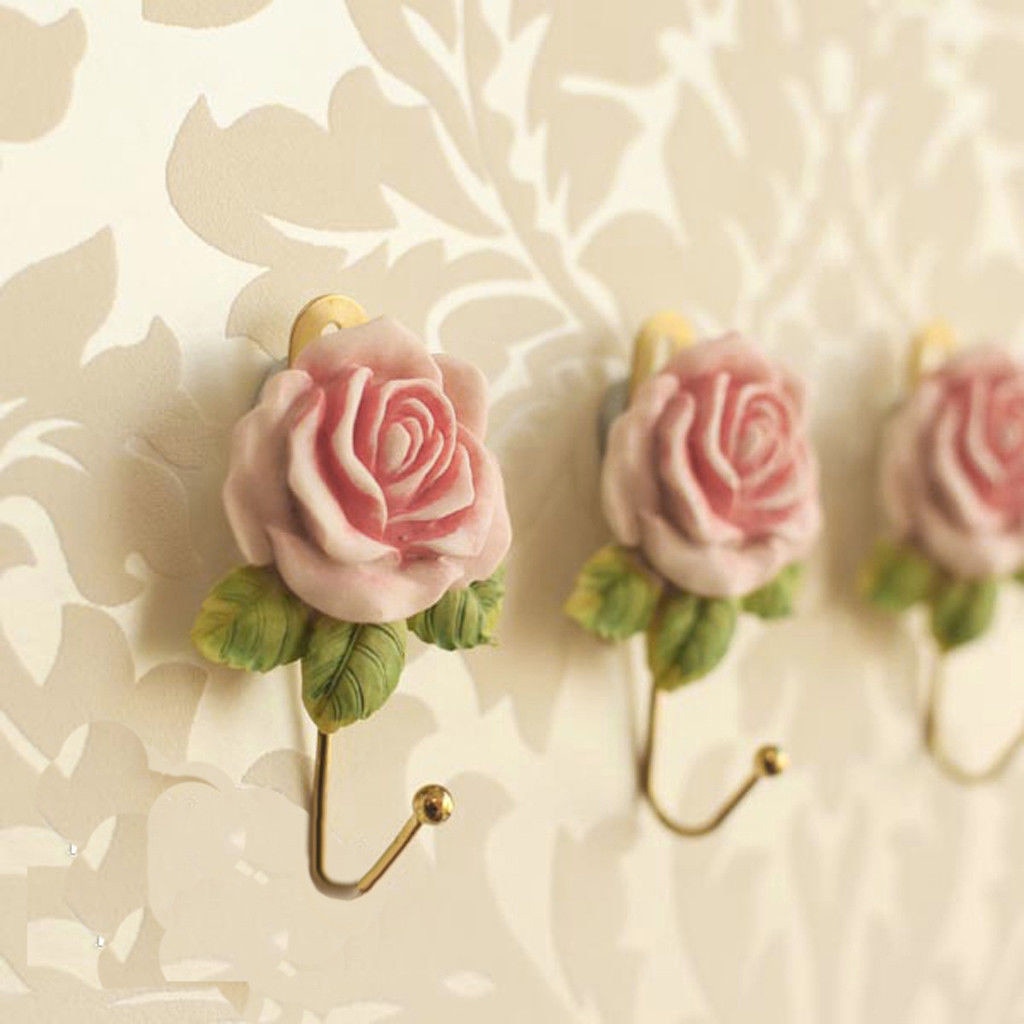 Wall Sticky Hook Mounted Hanger Rose Flower Resin for Coat Hat Robe Towel Useful Hooks Holders Towel Dish Cloth Keys Hangers