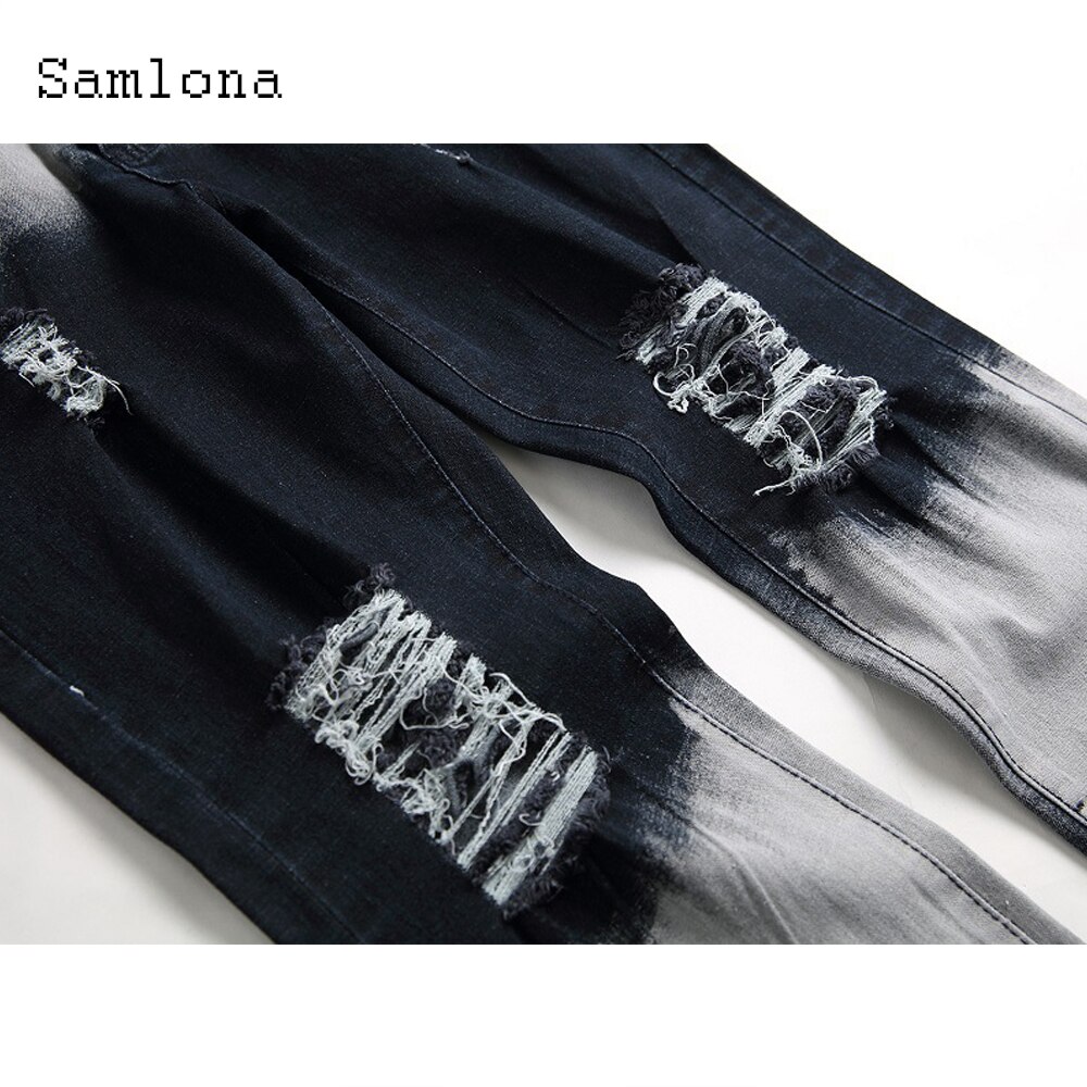 Samlona printemps automne hommes jean Demin pantalon minceur bas Pacthwork Denim pantalon grande taille hommes trou déchiré pantalon