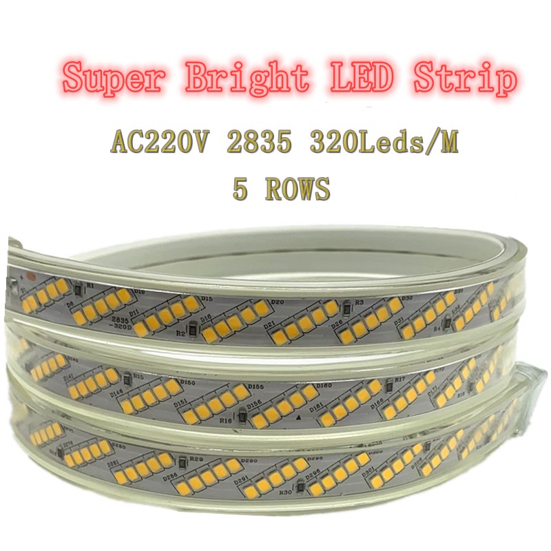 Super Bright LED Strip Lights AC 220V SMD 2835 5 Rows 320Leds/m with EU Plug Waterproof Flexibon Ribbon Tape Rope Home Garden
