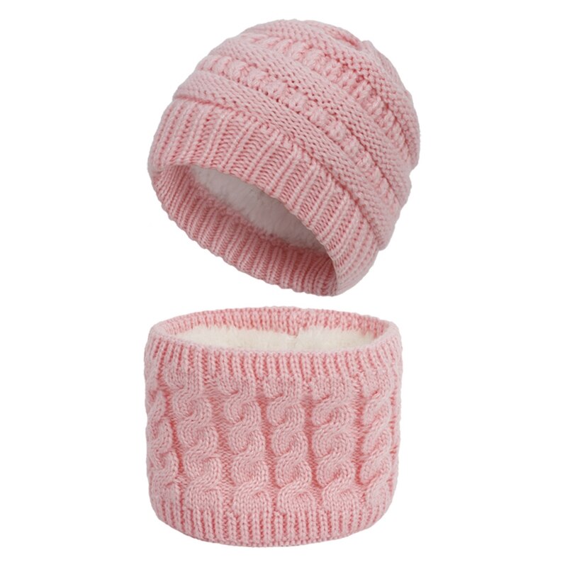 Newborn Baby 2Pcs Winter Beanie Hat Scarf Set Cable Knit Fleece Lined Skull Cap: Light Pink
