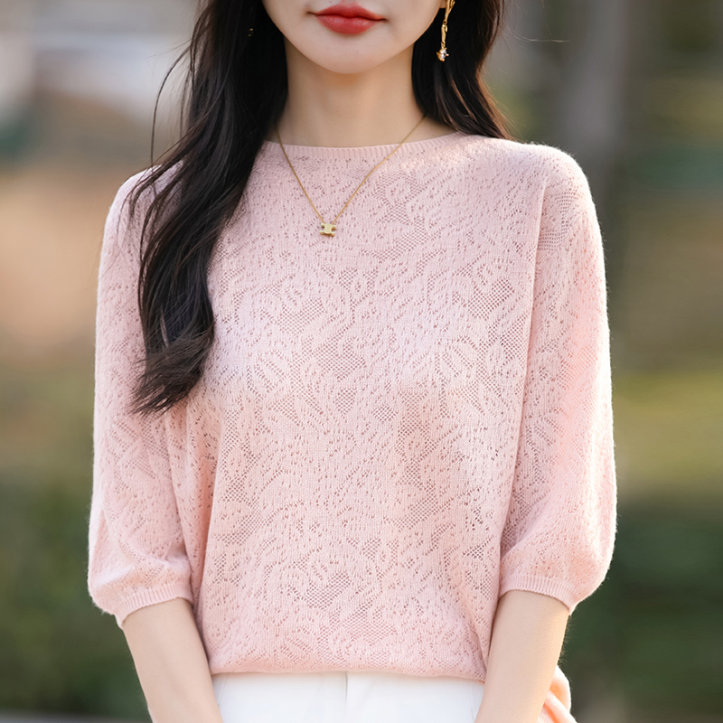Women's Half-sleeved T-shirt Wool Lyocell Tees Sweater O-neck Flower Shaped Hollow Pullover Vest Summer Knitted Bottoming Tops