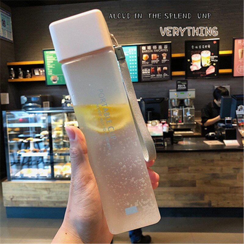 Cute Square Plastic Water Bottles BPA Free Transparent Frosted Outdoor Portable Camping Hiking Tour Drinking Bottle Water: Frosted White