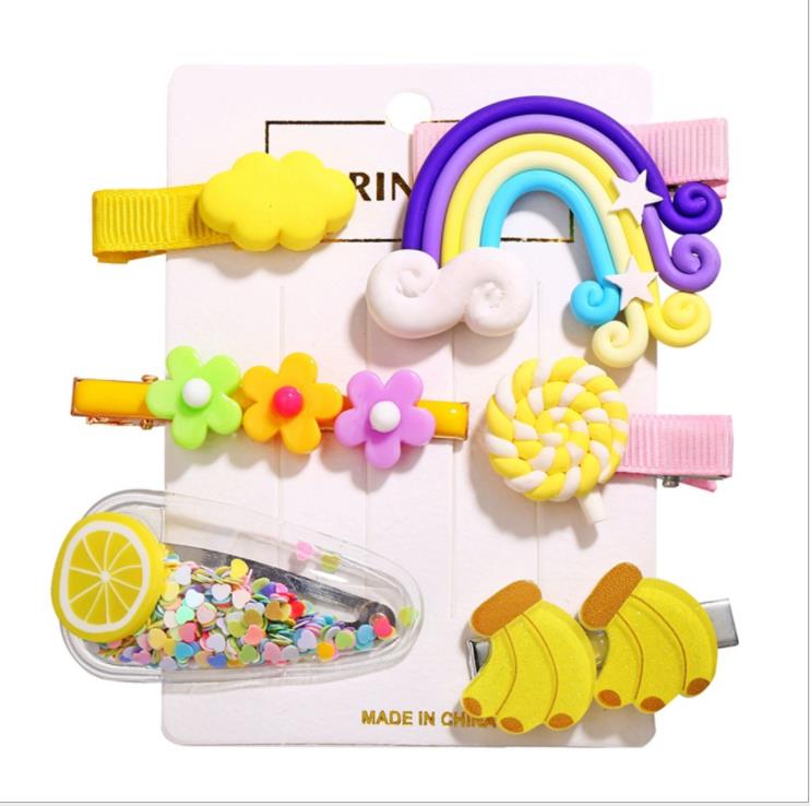 6Pcs Haar Clips Voor Meisjes Mooie Bloem Fruit Regenboog Vorm Haar Haarspeldjes Antislip Snoep Kleur Haarspelden: C