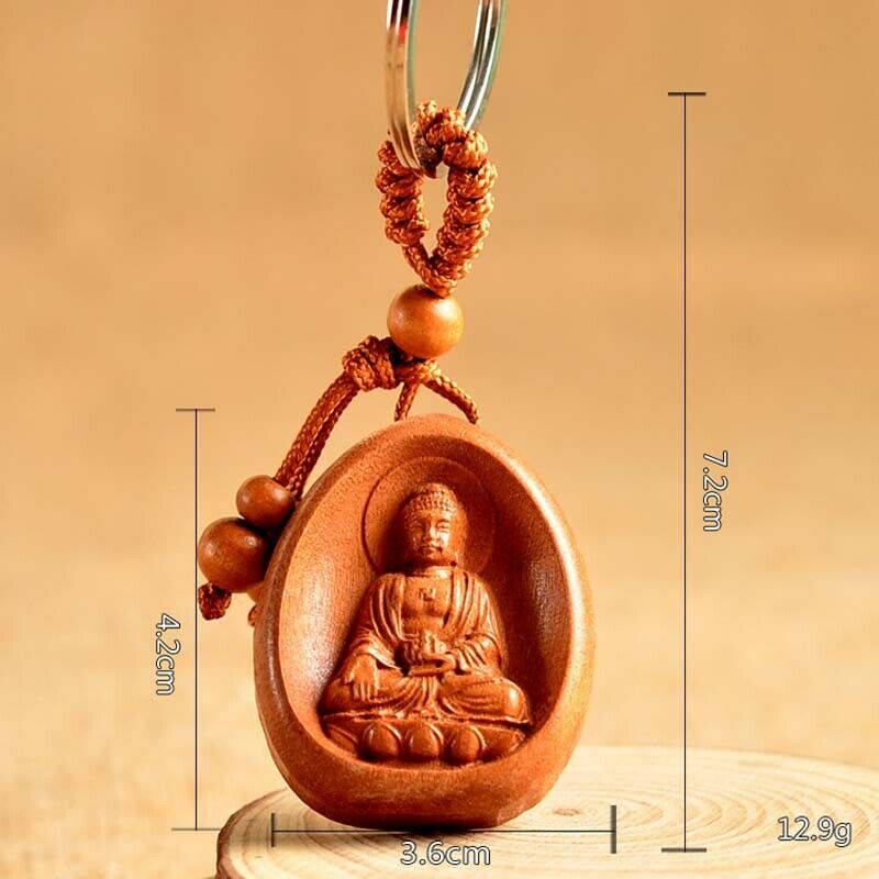 Hout gesneden chinese bhaisajyaguru geneeskunde boeddhabeeld hanger sleutelhanger ring