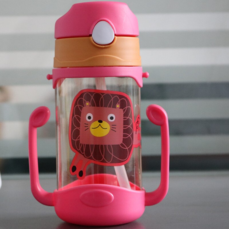 400ml kinderen leren drinkbekers, rietje, drinkfles, beker met handvat, schattige dubbele handgreep, kinderfles met water en sap: Roze