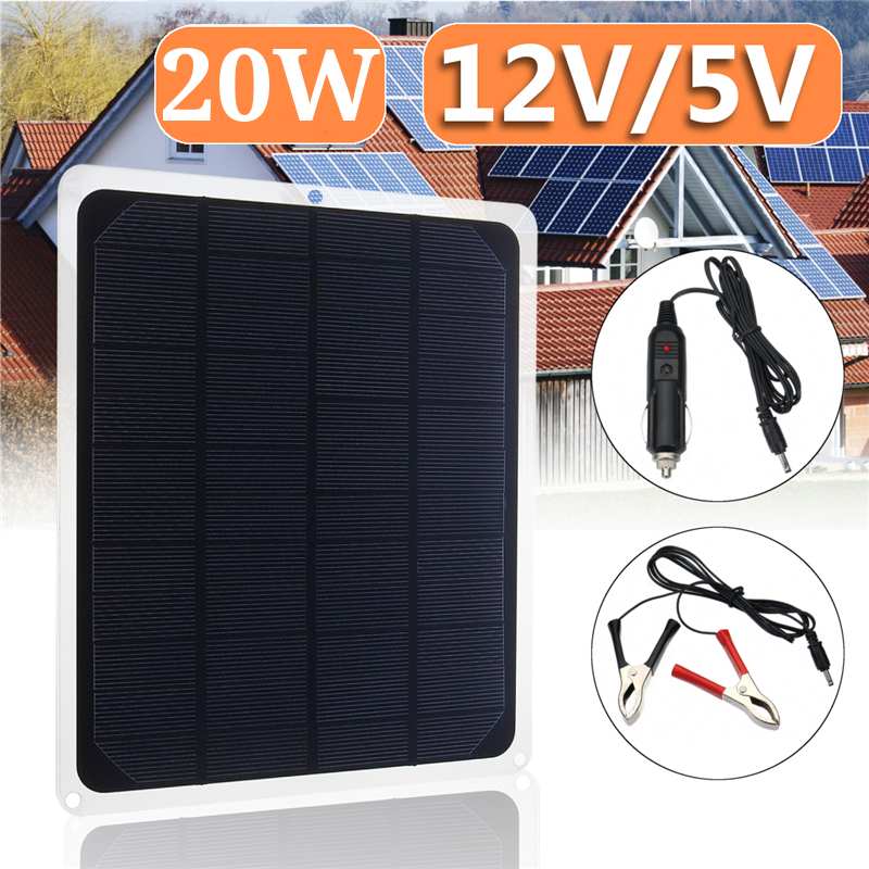 Solar Panel 20W 12V USB with Car Charger Crocodile clip + 10/20/30/40/50A USB Solar Charger Controller for Outdoor Camping