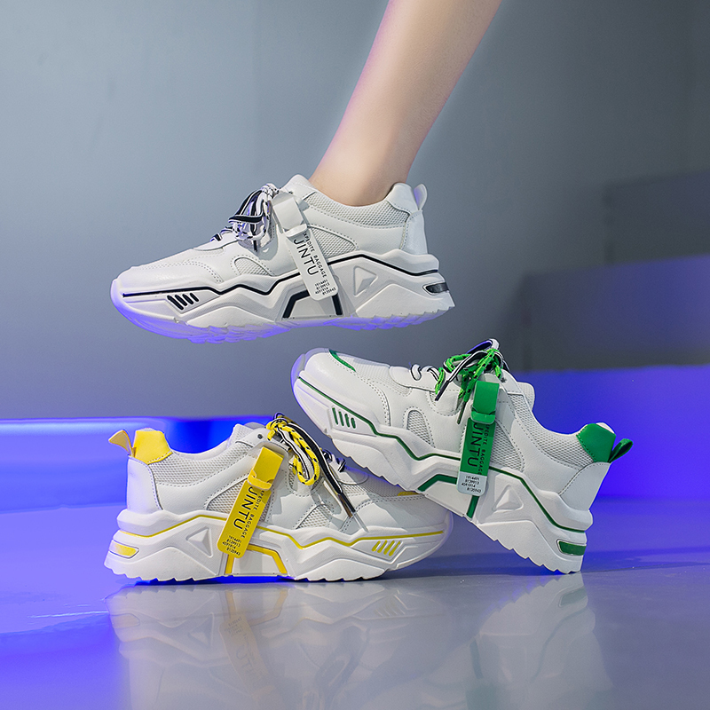 Chunky sneakers kvinder blandede farver patchwork tykke såler kvinder fritidssko åndbar mesh platform sneakers med snøre