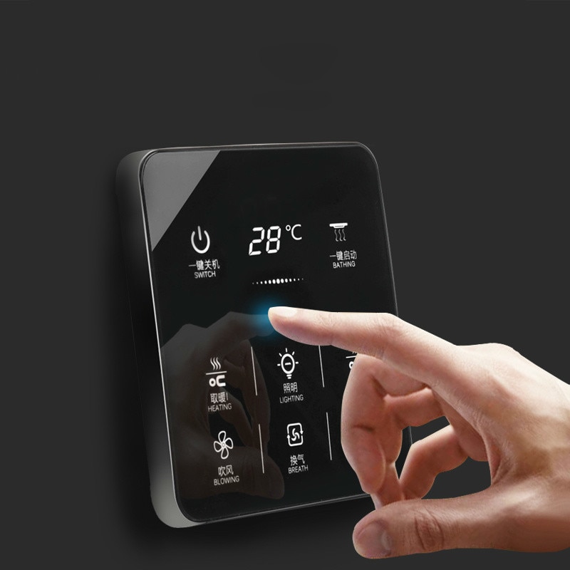 6 in 1 engelsk menu multifunktions smart touch yuba switch-stik 6- gangs badeværelse universal vandtæt smart touch-skærm 86*86mm