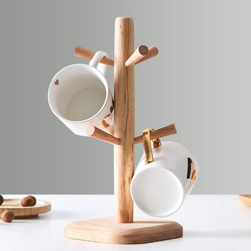 Árbol de madera para tazas, soporte para tazas de café con 6 ganchos, soporte para tazas de café para encimera de cocina, soporte para tazas de té, secador de tazas de café