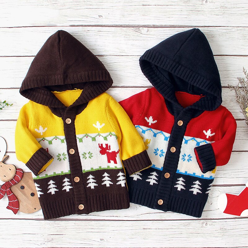 0-18M Christmas Baby Sweater Newborn Kid Boy Girl Knitted Cardigan Sweater Long Sleeve Hooded Winter Warm Top Xmas Cute Outfit