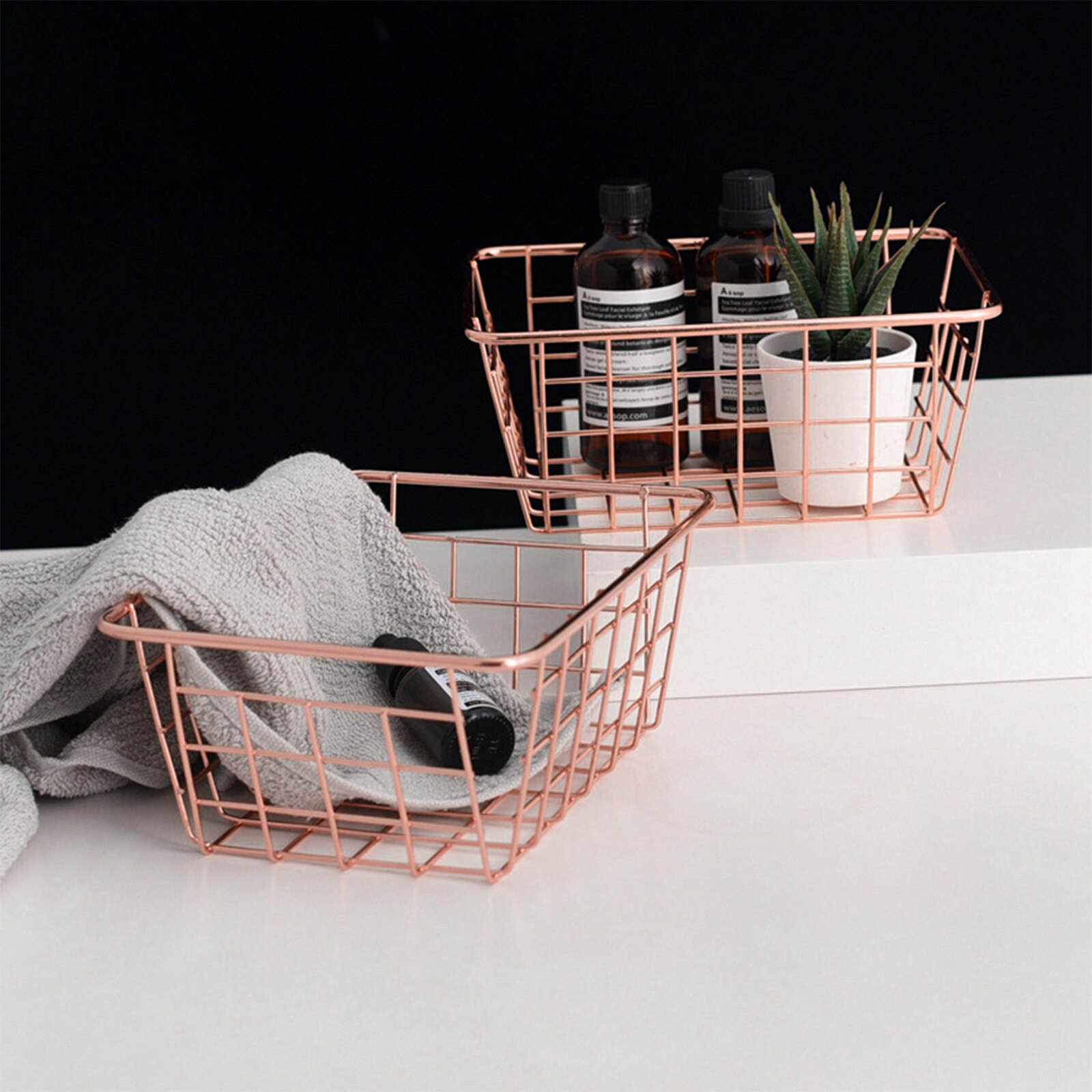 Panier de rangement en fil de fer forgé or Rose, lignes simples de couleur unie, organisateur pratique de bureau, décoration de la maison