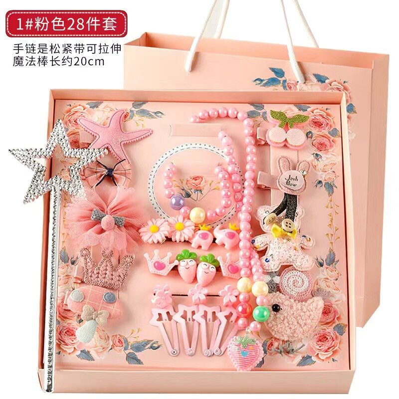 28 Stks/set Kids Hoofddeksels Set Baby Meisje Haarspelden Boog Haar Accessoires Met Doos Leuke Baby Hoofdband Haar Clips Verjaardag: 1Pink