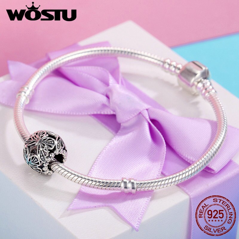 Wostu autêntico 100% 925 prata esterlina empilhável borboleta redonda charme contas caber diy charme estilo pulseira jóias presente cqc491