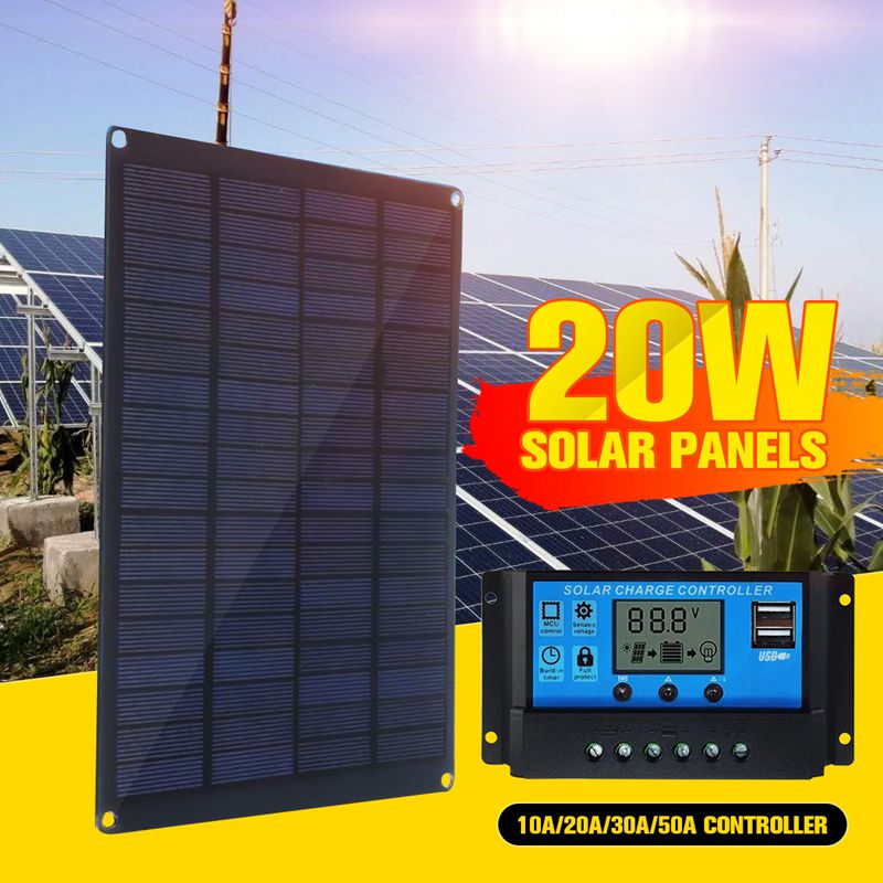20W Solar Panel Kit 18V/5V USB Solar Mobie Charger Solar Cell with 10A/20A/30A/40A/50A/60A Controller for Outdoor Camping Hiking