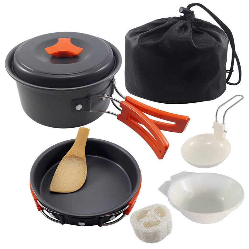 Camping køkkengrej sæt 2 personer campingudstyr bålredskaber non-stick madlavning let stabelbare grydeskåle opbevaringstaske: Orange