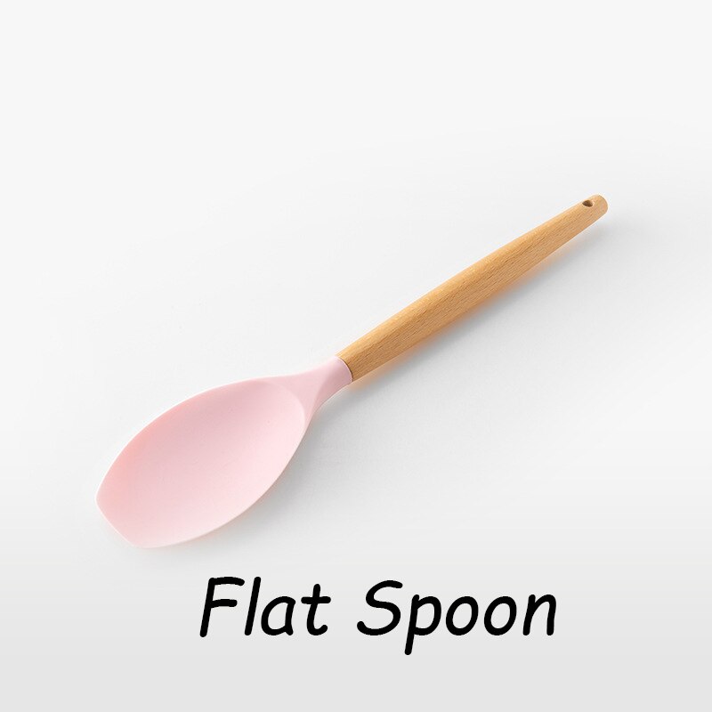 Roze Koken Keukengerei Tool Siliconen Keukengerei Set Met Houten Multifunctionele Handvat Non-stick Spatel Pollepel Ei Kloppers Schop: Flat Spoon