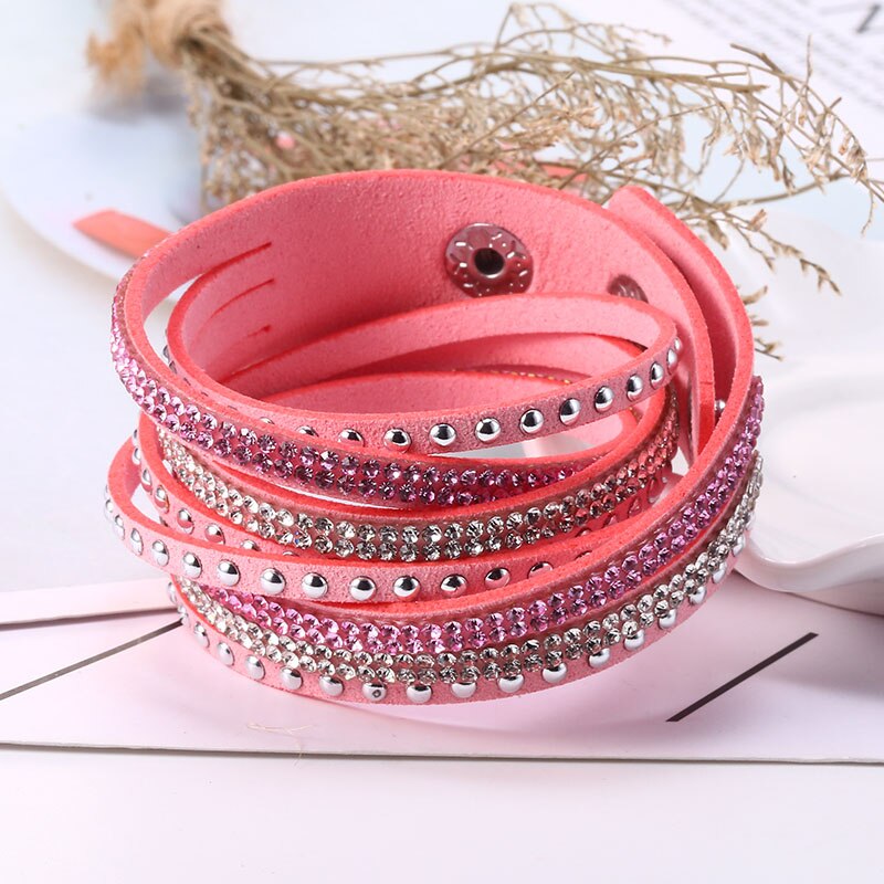 HOCOLE-Pulseras de cuero con abalorios de cristal para mujer, pulsera de diamantes de imitación multicapa, joyería femenina, de boda: Pink Bracelet