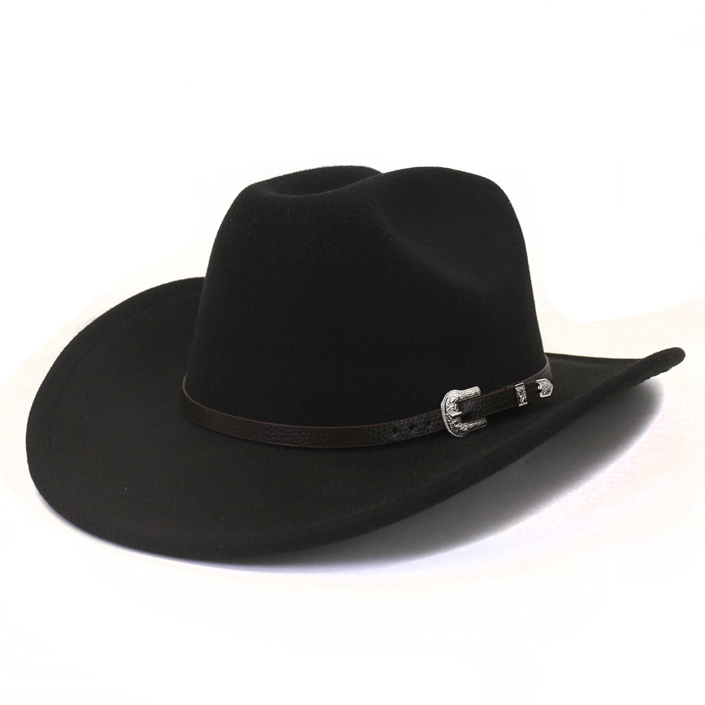 Chapéu de vaqueiro ocidental vintage masculino com cinto, aba enrolada, boné de igreja de jazz, novo, inverno, outono: Preto