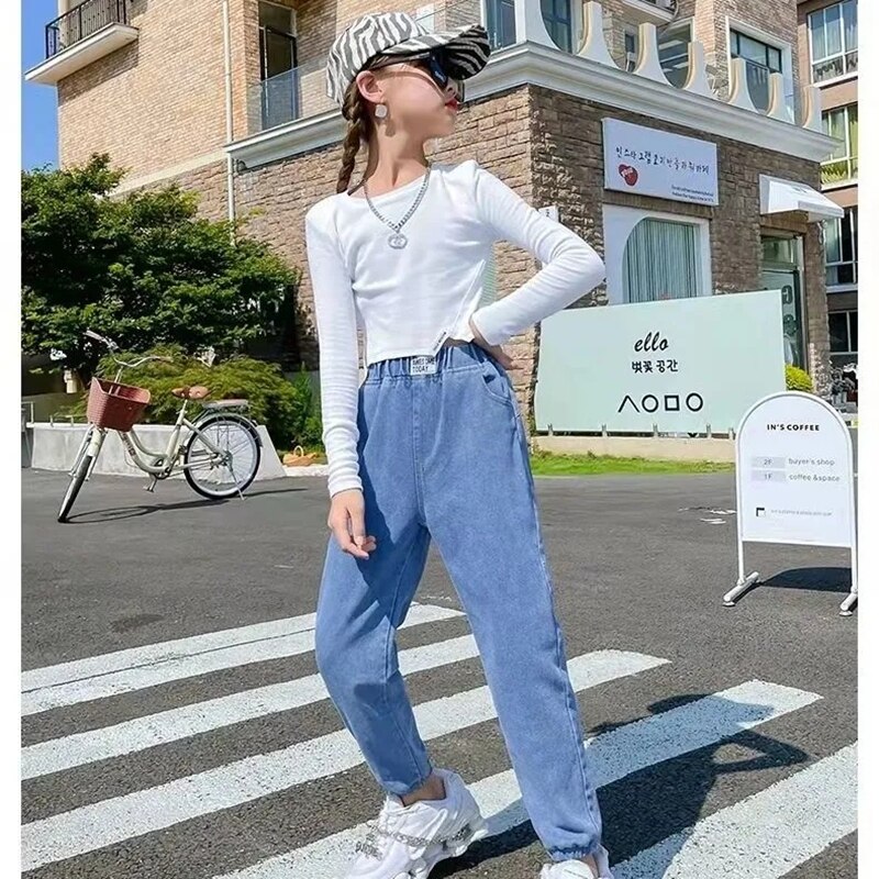 Simple Girl Spring Autumn Casual Denim Trousers Foreign Flavor Baby Girl Out Wear Trousers Loose All-match Denim Trouser