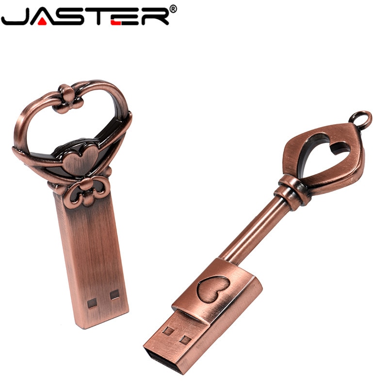 JASTER copper love heart shaped key flash drive USB 2.0 pen drive 4gb 8gb 16gb 32gb 64GB metal keys memory Stick wedding