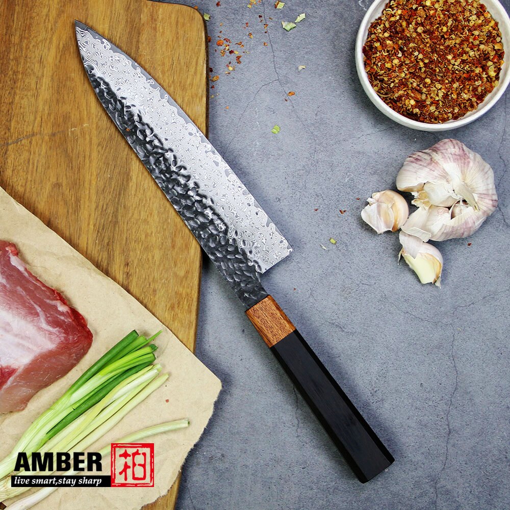 Bärnsten  vg10 damaskus konsoliderat bambuhandtag smideshammare damaskuskniv 8 tum japansk nakiri kockkniv 67 lager: Dms -217 kockkniv
