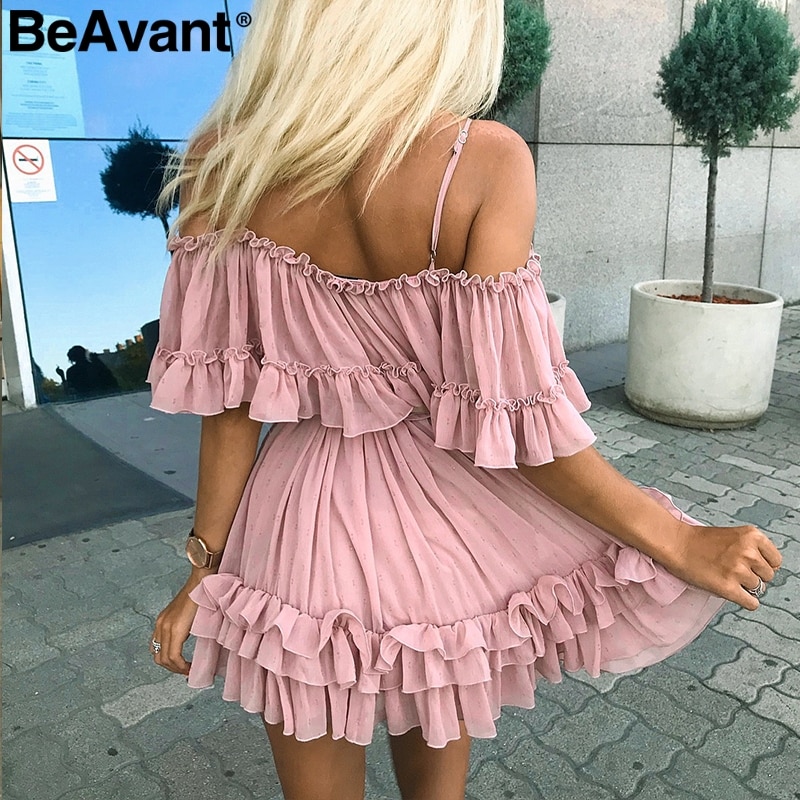 Beavant off shoulder rem chiffon sommerkjoler kvinder flæser plisseret kort kjole pink løs strand minikjole
