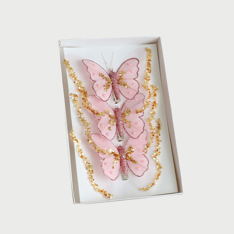 Christmas Decoration Double Layer Butterfly Christmas Tree Clip Hanging Decoration Sparkling Pink Hollow Pendant Decoration