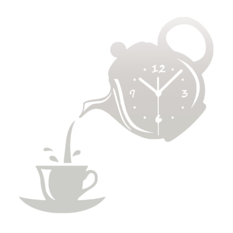 Taza de acrílico para café, tetera, 3D Reloj de pared, relojes decorativos de pared de cocina, reloj de decoración para el hogar, Relojes de pared de cocina, sala de estar: Plata