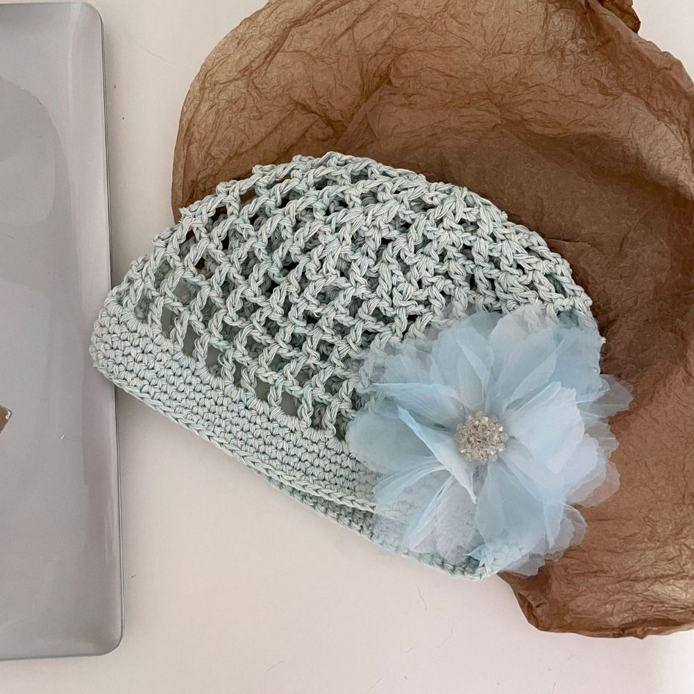 Handmade Crochet Flower Hat Thin Korean Beanies Hat Bohemian Style Ethnic Style Hollow Out Knitted Hat Apparel Accessories