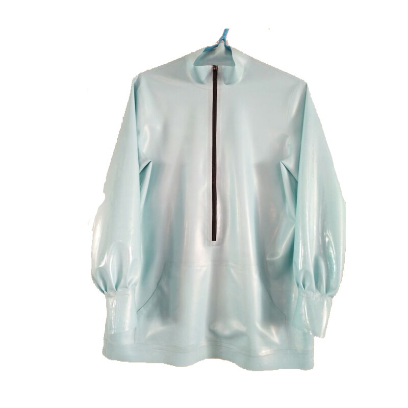 100% caoutchouc haut Latex femmes longues Slevees bleu clair avec noir Zipper manteau taille XXS-XXL