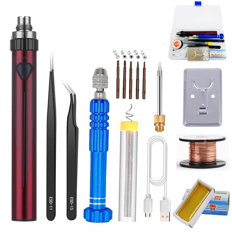 usb battery soldering iron 510 soldering iron 16-piece soldering iron kit storage box adjustable piezoelectric soldering iron: Red
