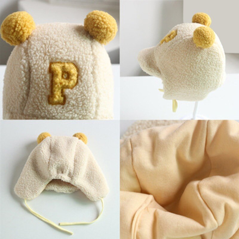 Inverno quente bebê meninos letra p cordeiro veludo earflap chapéu duplo pompom boné beanies para crianças criança gorro eargflap alta qualidade