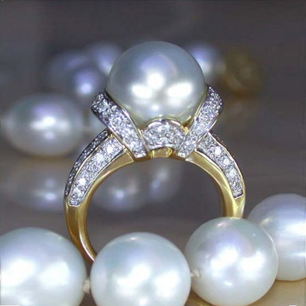 Huitan Imitation perle couleur or anneaux de mariage femmes brillant CZ romantique mariage cérémonie fête anneau accessoires de