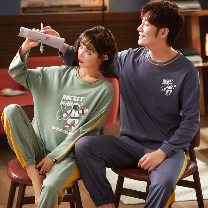 Conjunto de pijamas de pareja con estampado a cuadros otoño e invierno cálido algodón mujer y hombre Pijamas de manga larga ropa de dormir hombres Lounge Pijama