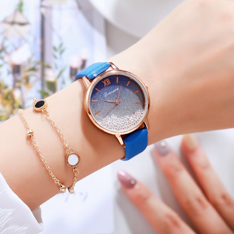 Scroll diamant dames casual leren dameshorloge quartz polshorloge sterrenhemel damesklok reloj mujer relogio feminino