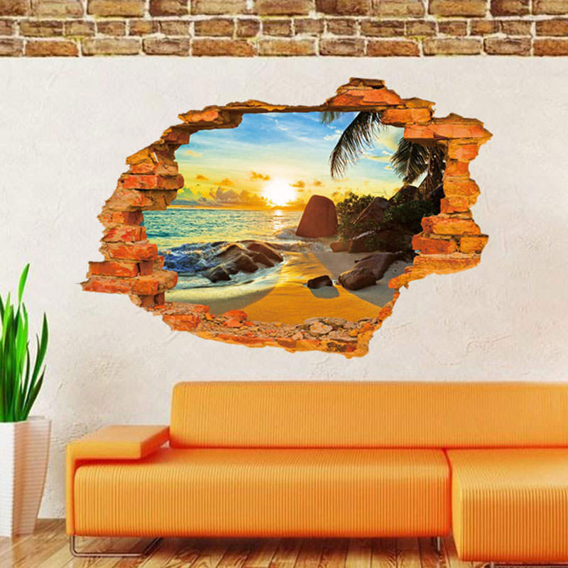 3D Beach Sunshine Stickers Decal Art Spiegels Vinyl Muursticker Thuis Kamer Diy Decor Mode Decoratie Verwijderbare 3D Muursticker