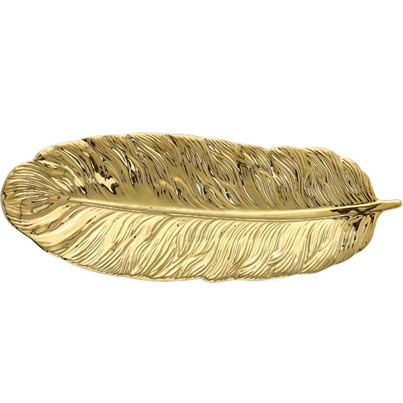 Guld fjer form keramiske smykker tallerken fad porcelæn slik nipsgenstykke mad frugt servering bakke ring opbevaringsplade hjem dekorative