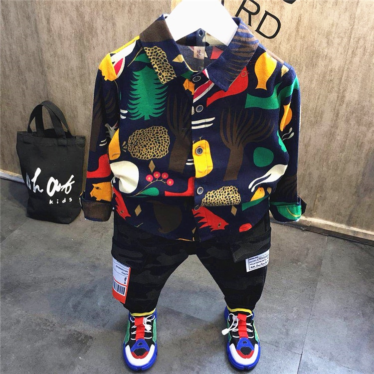 2 uds. WLG ropa para niños, camisa negra de para niños y ropa de mezclilla de camuflaje, conjunto de ropa de bebé de primavera otoño