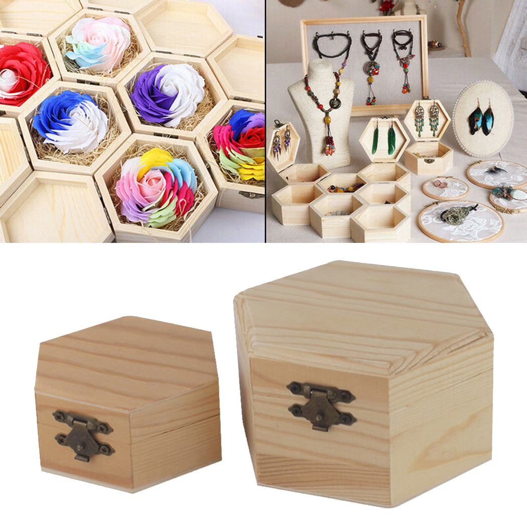 1Pc Hexagonal Wooden Box Storage Box Wooden Hexagonal Shaped 9*8*4cm 12*10.5*6.5cm Jewelry Box Wedding Favors Box Holder