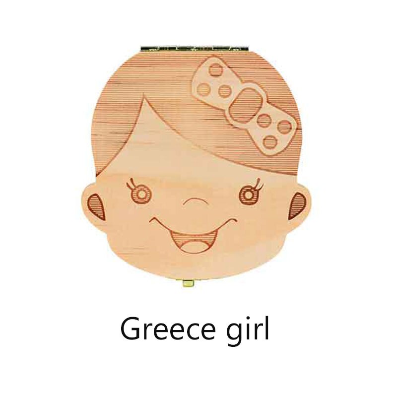 Nederlands/Engels/Griekenland/Portugal Spaans Tand Houten Box Organizer Melk Tanden Hout Opslag Verzamelen Tanden Navelstreng doos: greece girl