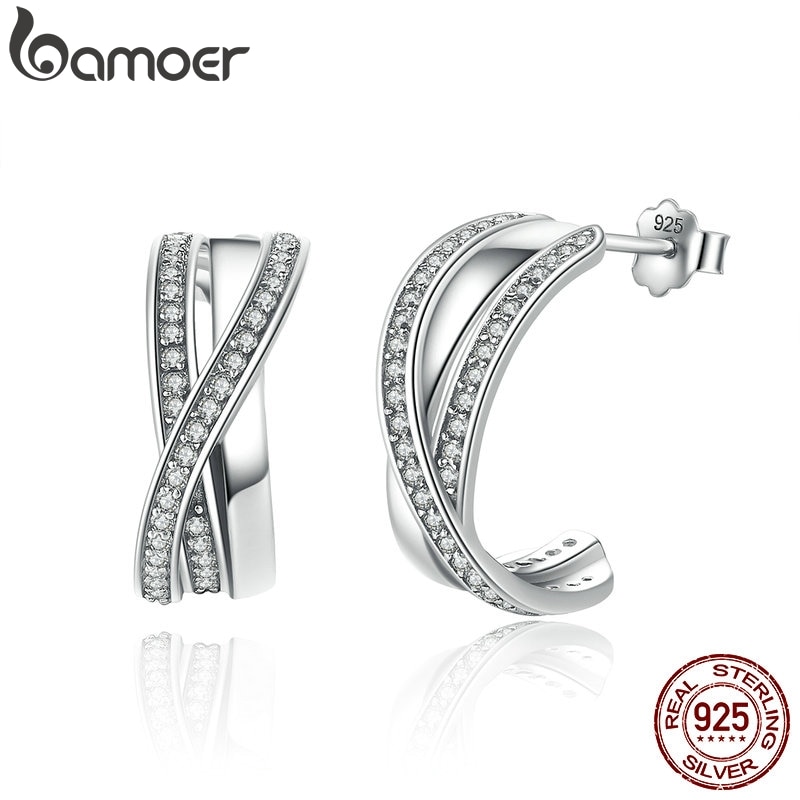 BAMOER Genuine 100% 925 Sterling Silver Entwined with Clear CZ Stud Earrings for Women 925 Silver Special Store PAS493