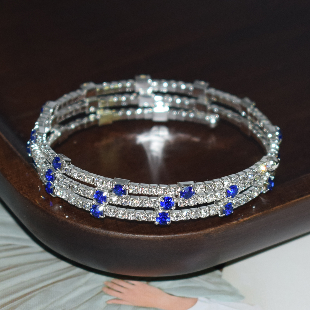 6-color Crystal Bracelet Blue, Red, White Three-row Stretch Bracelet Bride Wedding Rhinestone Bracelet Party Jewelry: Sapphire blue