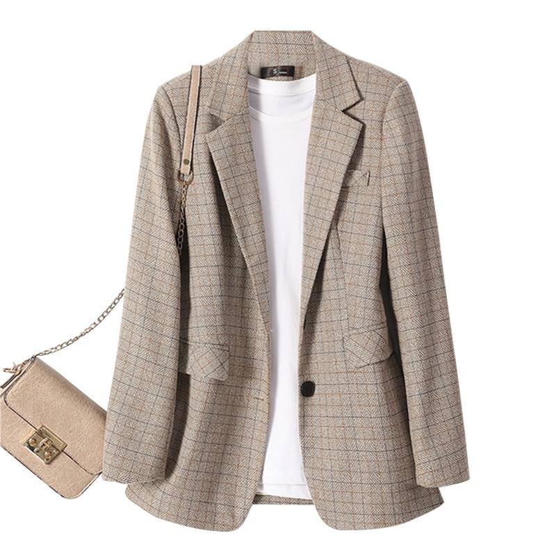 Lauri laki rutig kavaj dam kontorskläder långärmad kavaj kostym mujer vintage gitter plazer jacka plus size khaki: Kaki / Xxxl