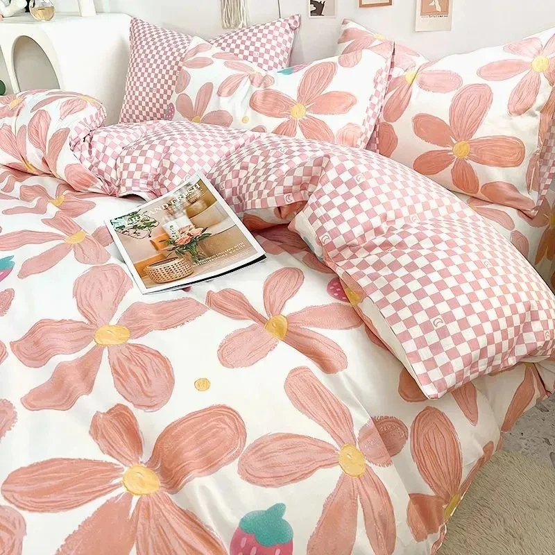 Juego de ropa de cama de cereza para niñas y niños, funda de edredón sin relleno, Sábana plana, funda de almohada, ropa de cama Kawaii