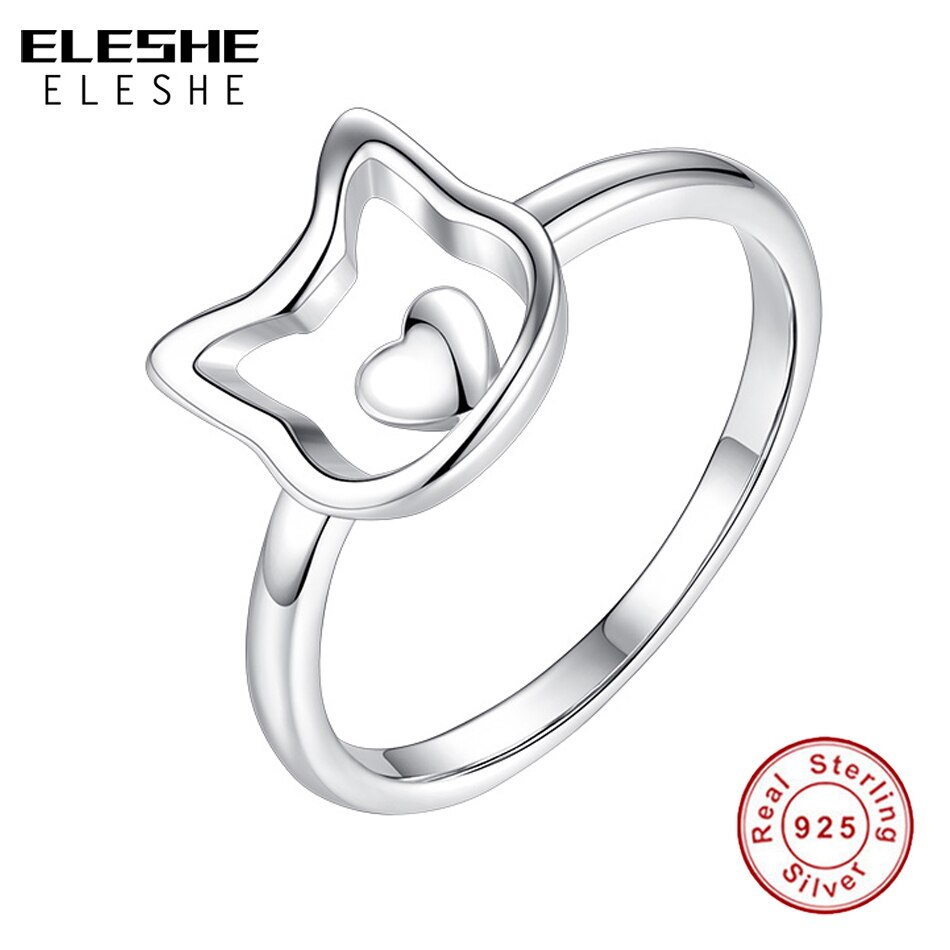 ELESHE Solido Puro 925 Sterling Silver Cute Cat Anelli di Barretta per Le Donne Delle Ragazze Piccolo Cuore Fascia Anelli di Gioielli In Argento 925 regalo del partito