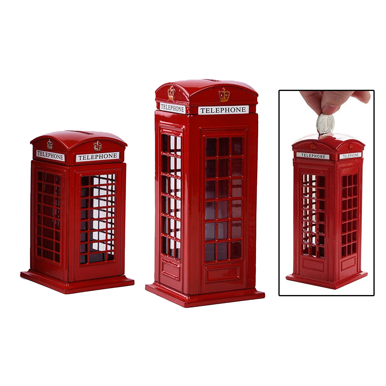 Metal Red British English London Telephone Booth Bank Coin Bank Saving Pot Piggy Bank Red Phone Booth Box Decor Container