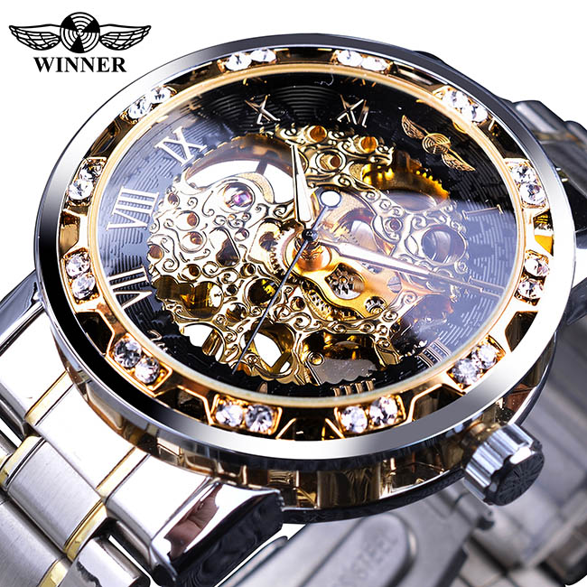 Winnaar Classic Blue Mens Mechanische Horloges Romeinse Zwart Roestvrij Stalen Band Rhinestone Skeleton Hand Wind Bedrijvengids Horloge Klok: S1089-2