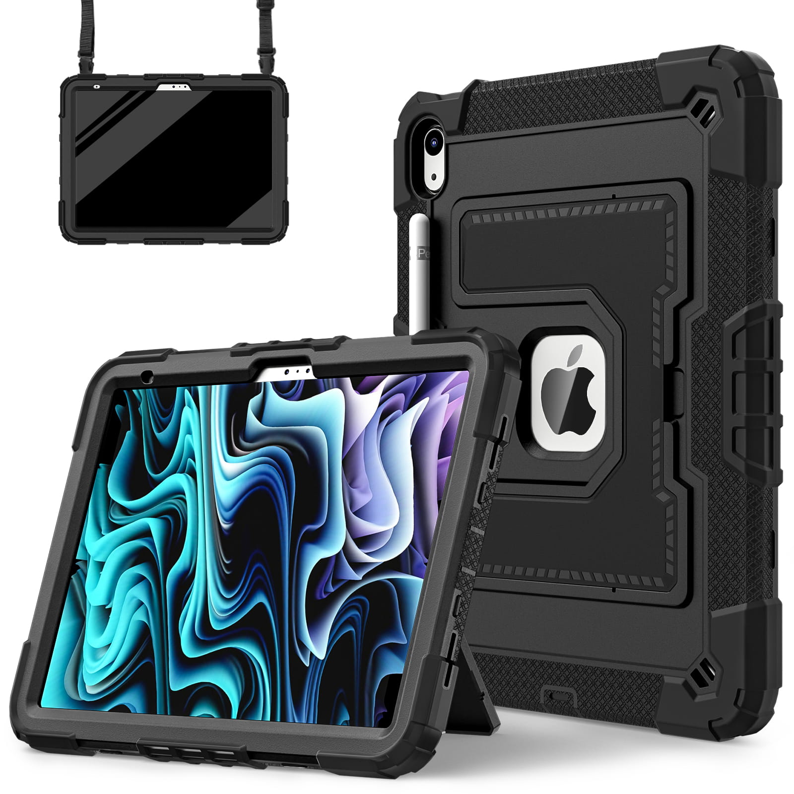 Funda para iPad 10th/A16 2025 de 11 pulgadas con funda para bolígrafo y correa para el hombro - Funda de silicona segura a prueba de golpes para tableta con función de soporte para niños: iPad (décima generación) de 10,9 pulgadas / Negro